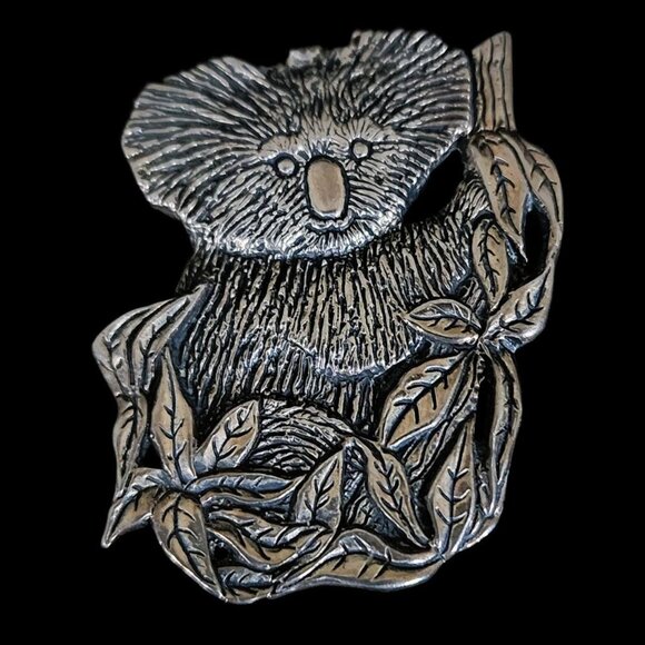 Vintage Koala Sterling Silver Brooch: Eucalyptus Branch  Vintage 1990s Sterling Silver Koala Brooch by Hand & Hammer, Australia
